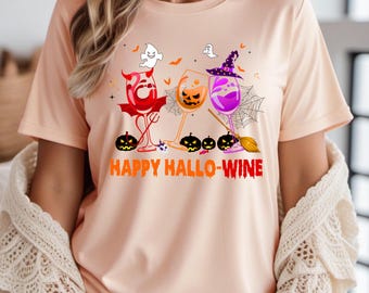 Glückliches Hallowine T-Shirt: Lustiges Halloween Wein trinkt Tee