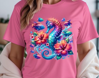 Camiseta de caballito de mar, hibisco oceánico, camiseta de vida marina
