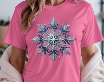 Maglietta con fiocchi di neve glitterati blu argento: maglietta per le vacanze invernali
