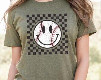 Camiseta de béisbol a cuadros retro: camiseta unisex desgastada para aficionados al deporte.