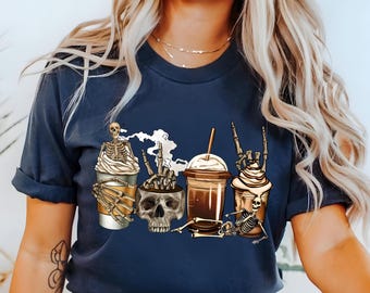 Halloween Coffee Skull T-Shirt: Latte Skeleton Tee