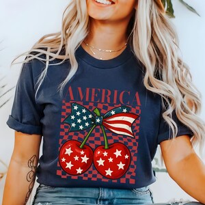 Camiseta retro Cherry America, camiseta vintage de EE. UU., camiseta gráfica de EE. UU., camiseta patriótica del 4 de julio, camiseta roja, blanca y azul, camiseta patriótica Cherry