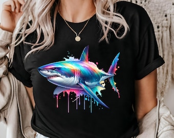 Rainbow White Shark T-Shirt, Ocean Lover Tee