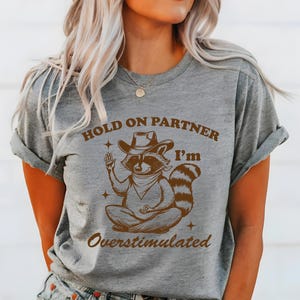 Unisex Animal Lover Shirt, Cute Raccoon Graphic Tee, Sarcastic Gift for Him or Her, Funny Overstimulated Raccoon Shirt, Hold On Partner Tee