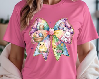Coquette Easter T-Shirt: Pastel Holiday Tee, Rabbit & Chick Design