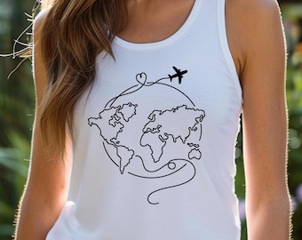 Camiseta sin mangas de viaje con mapa del mundo: Camiseta unisex de algodón para aventuras