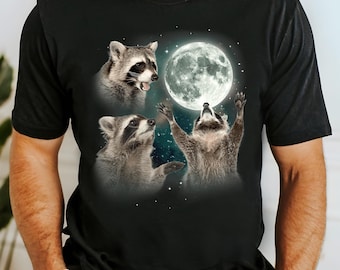 Maglietta con grafica retrò di procione e luna: maglietta vintage per amanti degli animali.