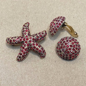 Vintage Jomaz starfish pin and round clip earrings, red rhinestones, Joseph Mazer