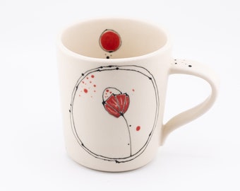 Small Handmade Abstract Stoneware Ceramics Coffee or Tea Mug with Red Accents * Ready to Ship