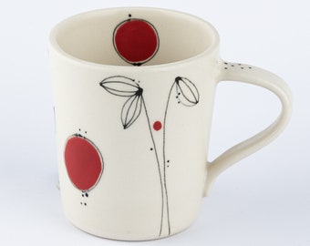 Small Handmade Abstract Stoneware Ceramics Coffee or Tea Mug with Red Accents * Ready to Ship