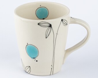 Handmade Large Modern Coffee Mug or Tea Mug with Abstract Floral Design in Black Fine Line and Turquoise Accents * Ready to Ship