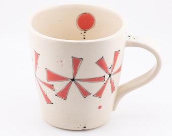 Handmade Stoneware Coffee or Tea Mug with Illustrated with Abstract Floral Design with Salmon Accent Color