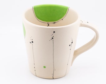 Handmade Large Modern Coffee Mug or Tea Mug with Abstract Floral Design in Black Fine Line and Lime Green Accents * Ready to Ship