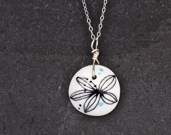 Sterling Silver and  Porcelain Circular Pendant with Abstract Flower Design with Turquoise Accents * Ready to Ship