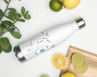 Stainless Steel Water Bottle Good for Hot or Cold Beverages Illustrated with Abstract Floral Drawing and Turquoise Sun * Free Shipping