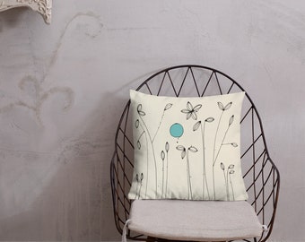 Cuscino decorativo moderno per il divano con accenti turchesi e design astratto dei fiori su sfondo bianco, 18x18