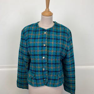 Vintage French Wool Jacket – Made in France – Turquoise Blue Plaid – Size FR 42 / M – Tweed Style Blazer – 80s Retro Cardigan – Wool Blend