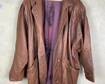 Vintage Brown Leather Jacket – Men's L – Made in France – La Richarde Brand – Nautical Lining – 1980s Oversized Fit – High Quality
