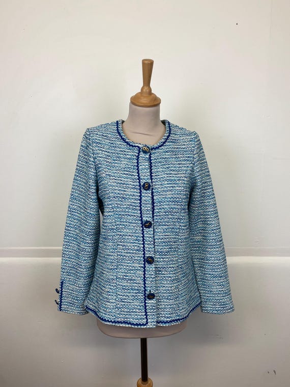 Vintage French Blue Cardigan – Made in France – Tweed Knit Vintage French Blue Cardigan – Made in France – Tweed Knit