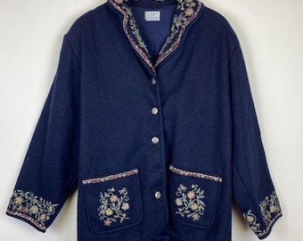 Vintage Embroidered Cotton Jacket – Women’s L – Navy Blue Coat – French Boho Jacket – Floral Embroidery – Handmade Details – 90s Style