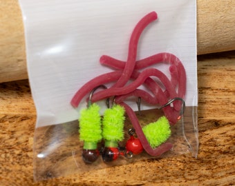 Red Black & Chartreuse  1/32 Wormy Jigs and or Fly Fishing Panfish Jigs