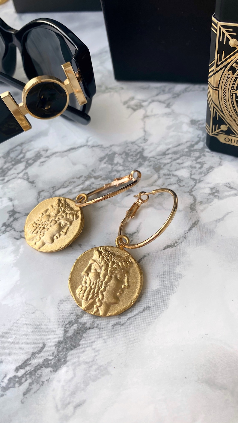 Greek Gods jewelry Greek coin antique earrings Chunky hoop earrings with charm