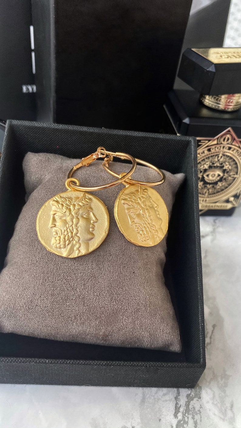 Greek Gods jewelry Greek coin antique earrings Chunky hoop earrings with charm