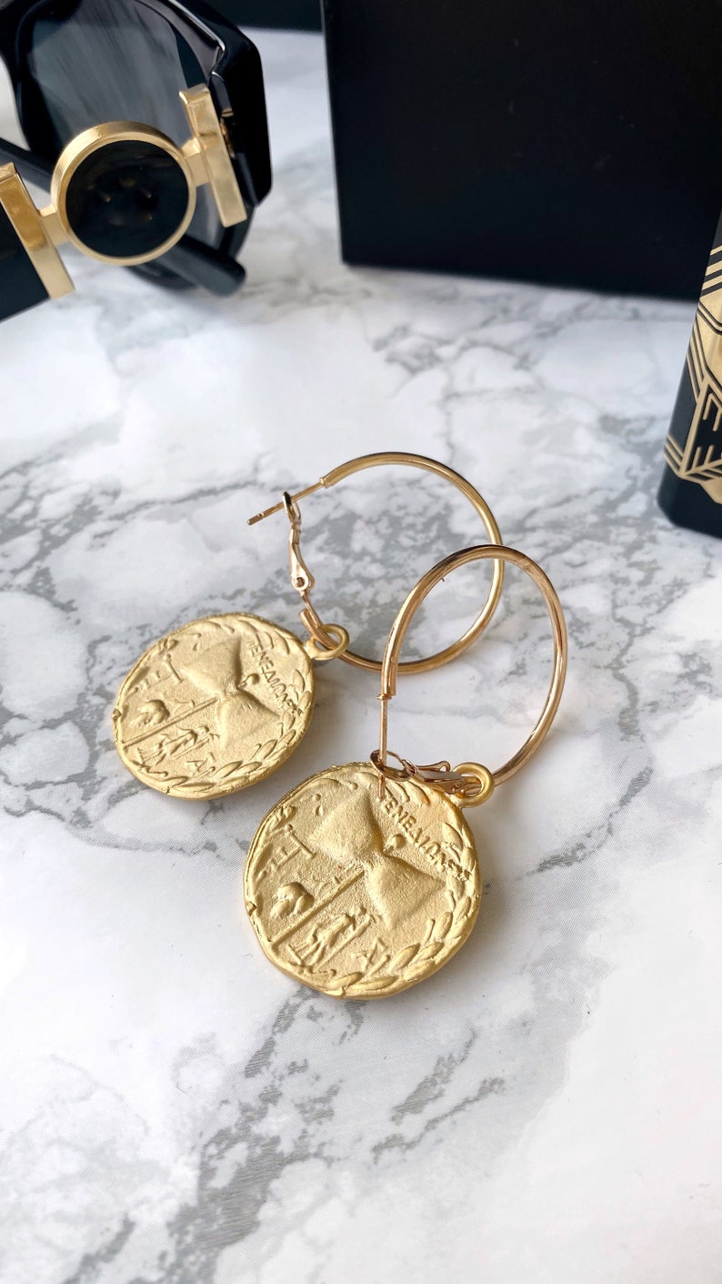 Greek Gods jewelry Greek coin antique earrings Chunky hoop earrings with charm