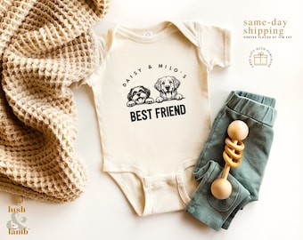 Benutzerdefinierte Baby-Strampler, geschützt durch Hunde-Shirt, neuer bester Freund-Strampler, Baby-Dusche-Geschenk, niedliches Kindergeschenk, Hundeliebhaber-Geschenk, personalisierter Hundename