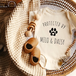 Protected By Dog Bodysuit, Custom Baby Bodysuit, Best Friend Dog Shirt, Baby Shower Gift, Kid Gift, Personalized Dog Name, Dog Lover Tee