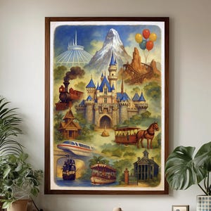 Framed Disneyland Collage Print // Vintage Disney Wall Art Featuring Sleeping Beauty Castle, Matterhorn, Space Mountain & More