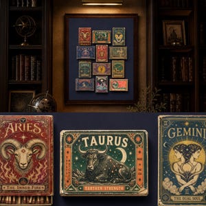 May include: A collection of rectangular matchboxes featuring twelve distinct zodiac sign illustrations, including Aries, Taurus, Gemini, Libra, Scorpio, and Sagittarius. Each box displays colorful, detailed artwork with celestial motifs, star constellations, and specific astrological text labels.
