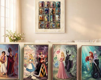 Gerahmter Disney Heroes vs Villains Streichholzschachtel Druck // Vintage Wandkunst mit Ariel, Aladdin, Simba, Schneewittchen & mehr