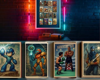 Gerahmter klassischer Nintendo Streichholzschachtel Druck // Retro Gaming Wanddeko mit Mario, Zelda, Donkey Kong, Mega Man & mehr // Gamerzimmer Dekor