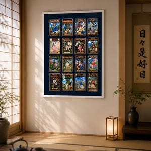 Puede incluir: Un p&oacute;ster de pared rectangular que presenta una cuadr&iacute;cula de diecis&eacute;is carteles de pel&iacute;culas individuales de Studio Ghibli, incluidos t&iacute;tulos como Nausicaa, El castillo en el cielo, Porco Rosso, El viento se levanta, El viaje de Chihiro y Ponyo sobre fondo azul.