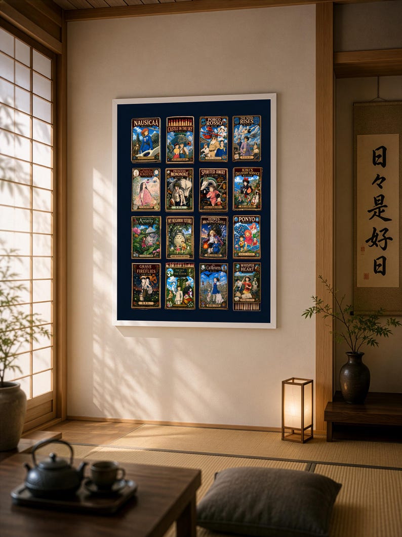 Puede incluir: Un p&oacute;ster de pared rectangular que presenta una cuadr&iacute;cula de diecis&eacute;is carteles de pel&iacute;culas individuales de Studio Ghibli, incluidos t&iacute;tulos como Nausicaa, El castillo en el cielo, Porco Rosso, El viento se levanta, El viaje de Chihiro y Ponyo sobre fondo azul.