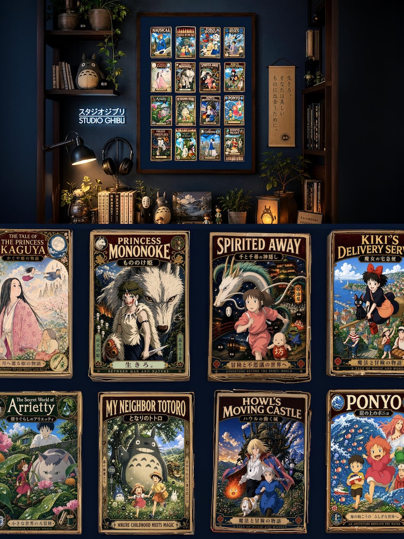 Puede incluir: Un cuadro decorativo enmarcado que presenta una cuadr&iacute;cula de doce p&oacute;steres de pel&iacute;culas ilustrados de Studio Ghibli, incluyendo t&iacute;tulos como La Princesa Mononoke, El Viaje de Chihiro y Mi Vecino Totoro, en una habitaci&oacute;n oscura.