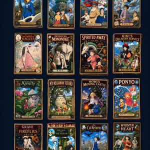 Puede incluir: Una colecci&oacute;n de diecis&eacute;is cajas de cerillas rectangulares dispuestas en una cuadr&iacute;cula de cuatro por cuatro, cada una con escenas ilustradas coloridas de varias pel&iacute;culas de animaci&oacute;n. Las cajas muestran t&iacute;tulos como Nausicaa y Spirited Away.