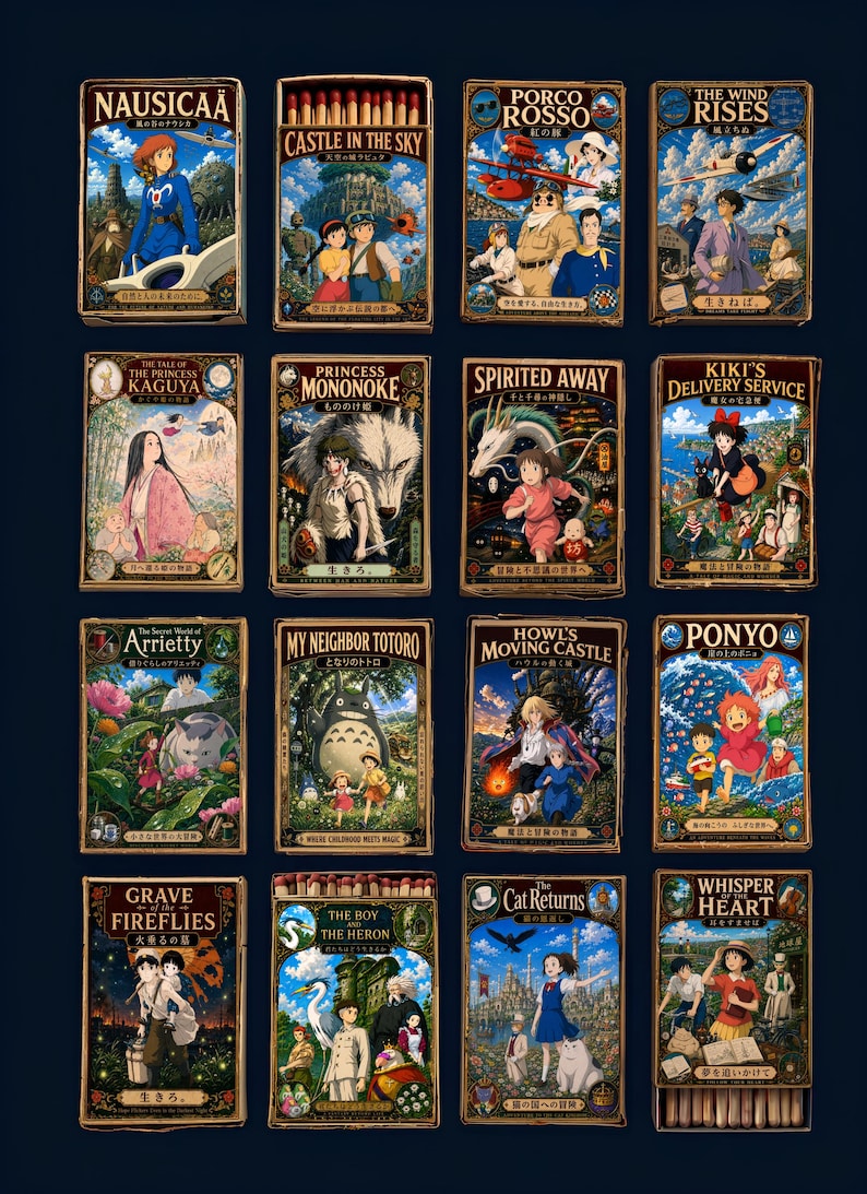 Puede incluir: Una colecci&oacute;n de diecis&eacute;is cajas de cerillas rectangulares dispuestas en una cuadr&iacute;cula de cuatro por cuatro, cada una con escenas ilustradas coloridas de varias pel&iacute;culas de animaci&oacute;n. Las cajas muestran t&iacute;tulos como Nausicaa y Spirited Away.