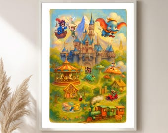 "Gerahmter Disneyland ""Fantasyland" Print // Vintage Disney Wall Art mit Dornröschenschloss, Matterhorn, Dumbo, Casey Jr Train & Teetassen."