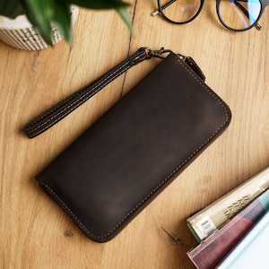 Cartera grabada para mujer, Cartera con cremallera, Cartera de piel con cremallera para mujer, Cartera de piel con pulsera, Cartera de piel con cremallera, Cartera larga para mujer