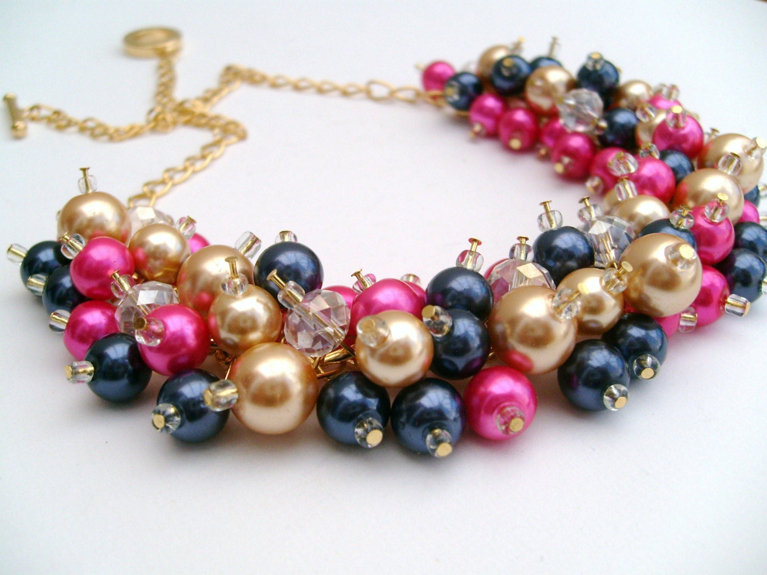 Hot Pink Gold Navy Blue Beaded Necklace Pink Bridesmaid Etsy