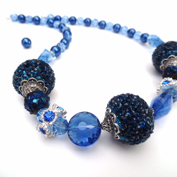 Royal Blue Chunky Beaded Necklace, Unique Jewelry, Fashion Jewelry, Blue Single Strand Necklace, Pretty Gift for A Woman, Statement Necklace