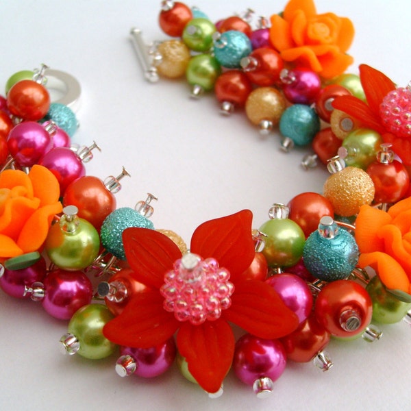 Pearl Beaded Fashion Bracelet, Cluster Bracelet, Neon Rose Garden, Pearl Bracelet, Chunky Bracelet, Mother Of The Bride, One of A Kind, Pink