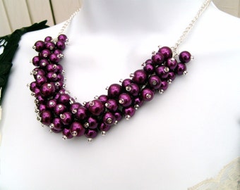 Pearl Beaded Necklace, Bridal Jewelry, Magenta, Cluster Necklace, Chunky Necklace, Bridesmaid Gift, Custom Colours, Purple, Kim Smith