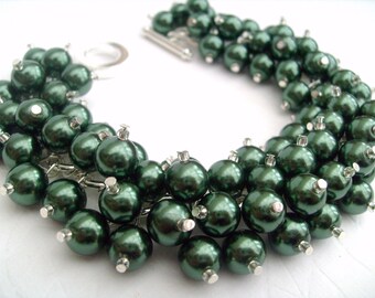 Bridesmaid Jewelry, Forest Green Pearl Beaded Bracelet, Cluster Bracelet, Pearl Bracelet, Bridesmaid Gift - Handmade Jewelry By Kim Smith