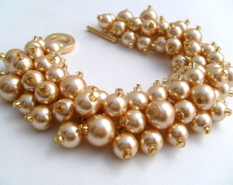 Champagne Gold Pearl Bracelet, Bridal Jewelry, Wedding, Pearl Bridesmaid Bracelet, Cluster Bracelet, Chunky Bracelet, - Designs by Kim Smith