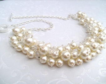Pearl Beaded Necklace, Bridal Jewelry, Cluster Necklace, Chunky Necklace, Bridesmaid Gift, Custom Colours - Pearl and Crystals by Kim Smith
