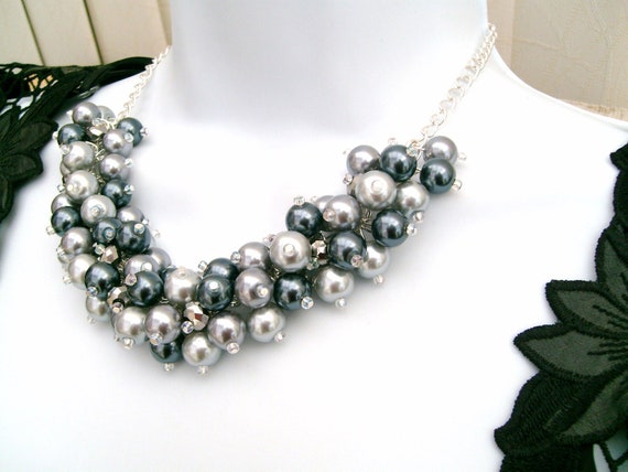 Items similar to Bridesmaid Necklace, Silver Gray Cluster Necklace ...