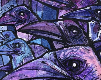 Birdolith Ravens study original ink and watercolor painting